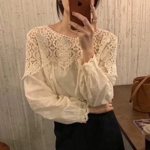 Crochet lace embroidery blouse cream shirt top long sleeve womens